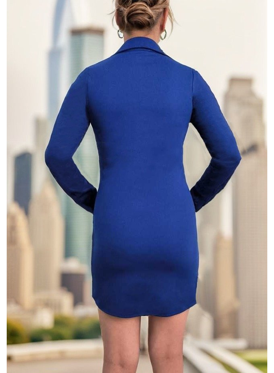 Kadın Uzun Kollu Polo Yaka ön Kısım çıtçıtlı Düğme Detay Scuba Krep Mini Boy Elbise