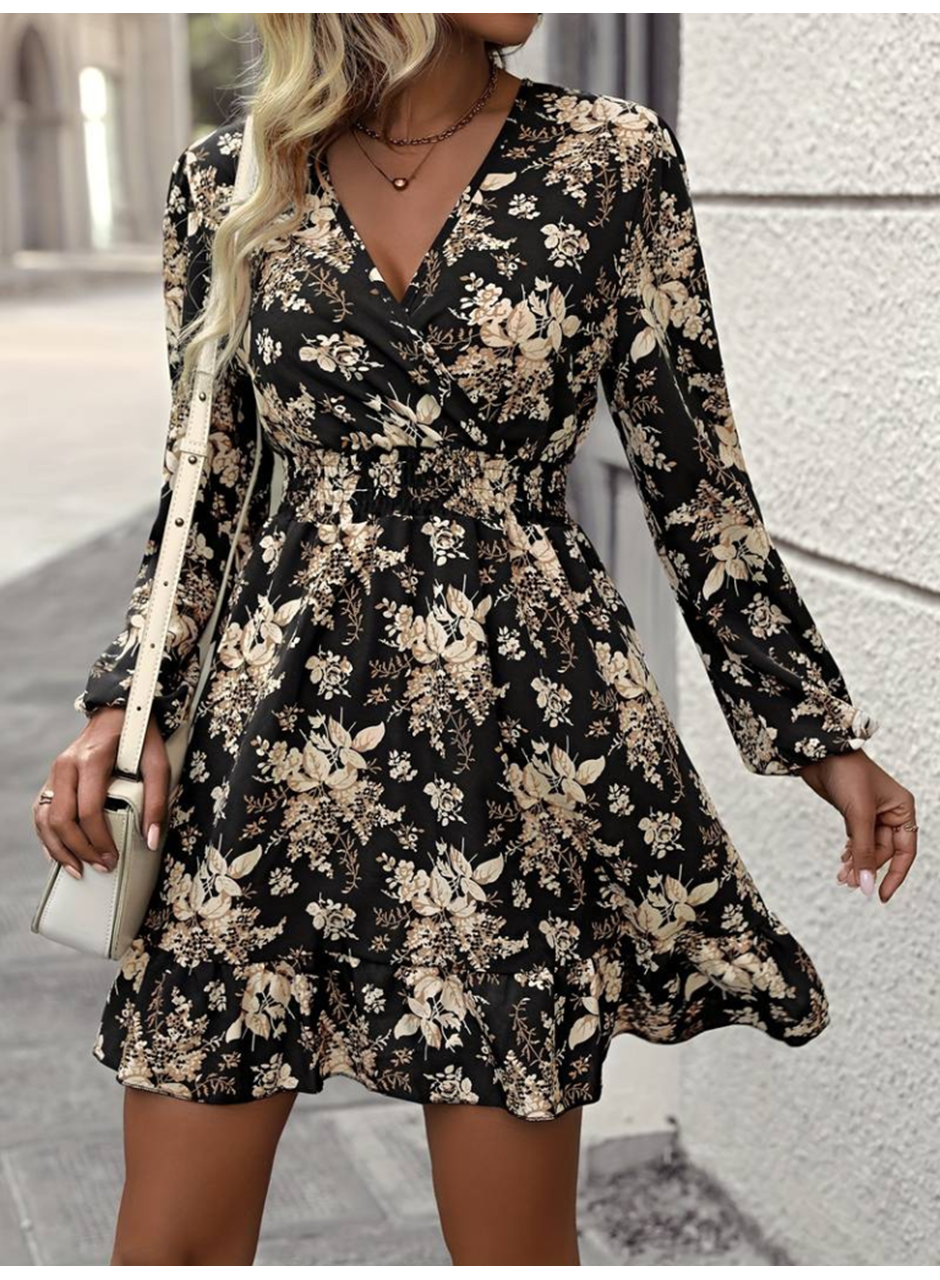 Kadın Uzun Kollu Kruvaze Yaka Beli Gipeli çiçek Desenli Kısa Dalgıç Elbise