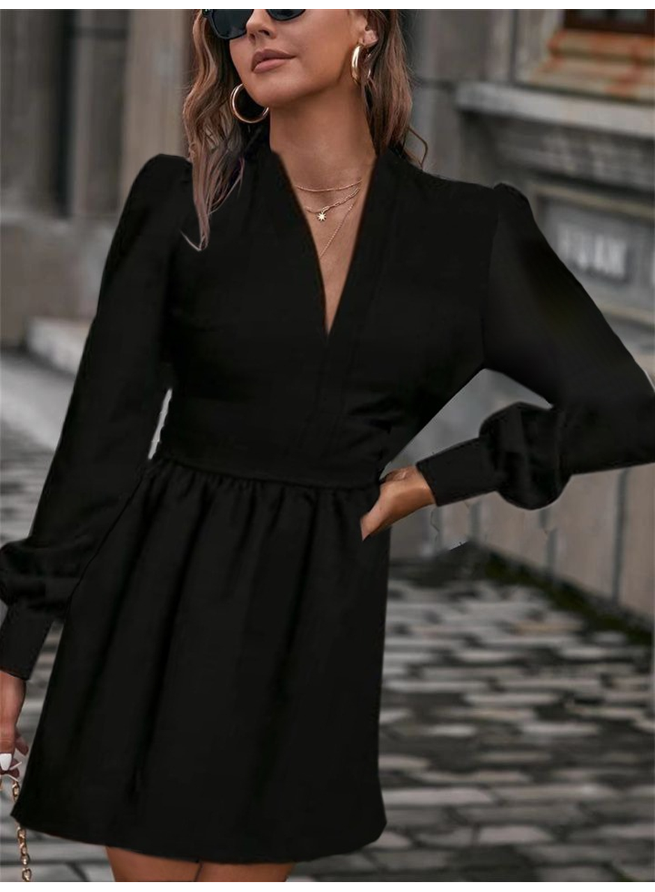 Kadın Uzun Kollu V Yaka Belden Hafif Pileli Scuba Krep Mini Boy Elbise