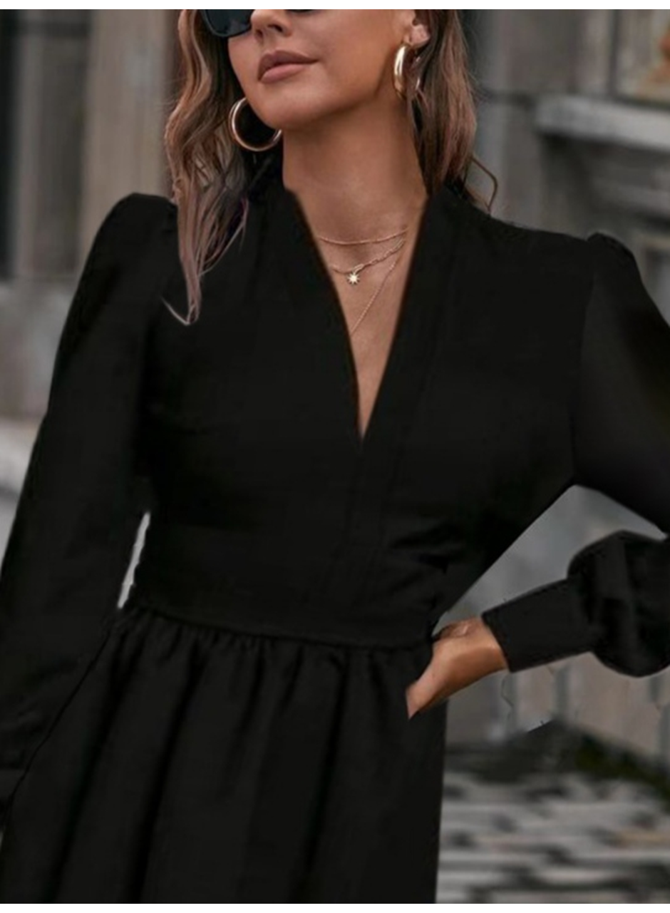 Kadın Uzun Kollu V Yaka Belden Hafif Pileli Scuba Krep Mini Boy Elbise