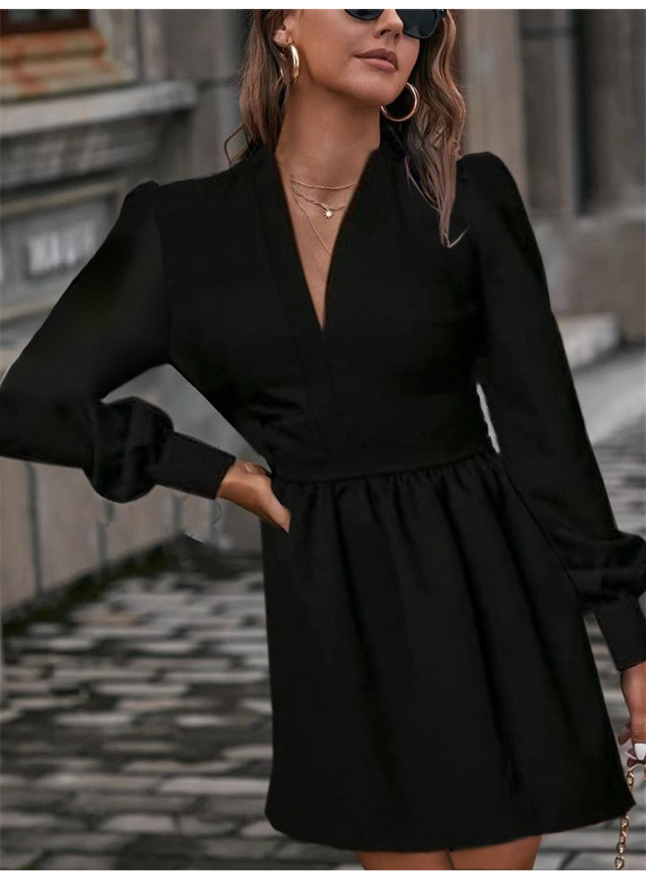 Kadın Uzun Kollu V Yaka Belden Hafif Pileli Scuba Krep Mini Boy Elbise