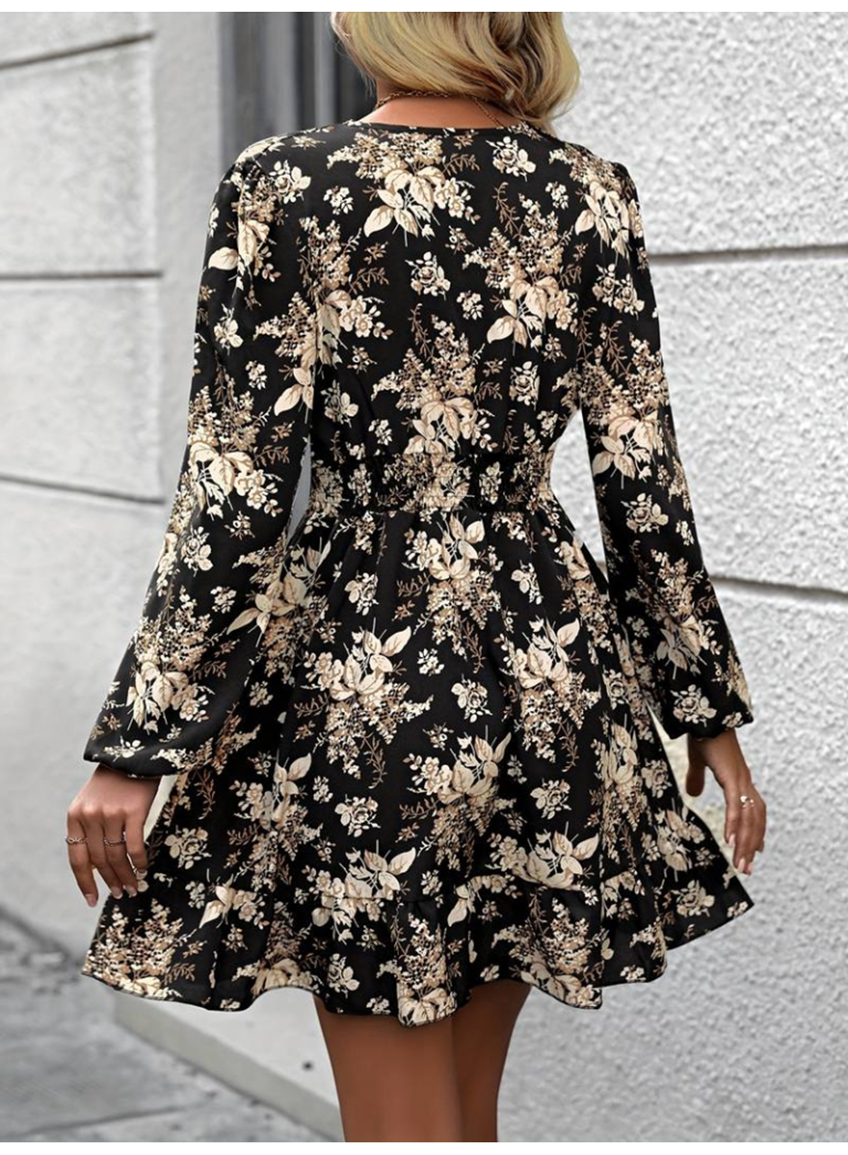 Kadın Uzun Kollu Kruvaze Yaka Beli Gipeli çiçek Desenli Kısa Dalgıç Elbise