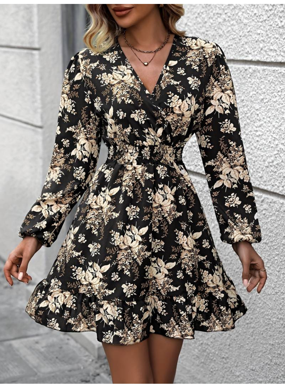 Kadın Uzun Kollu Kruvaze Yaka Beli Gipeli çiçek Desenli Kısa Dalgıç Elbise