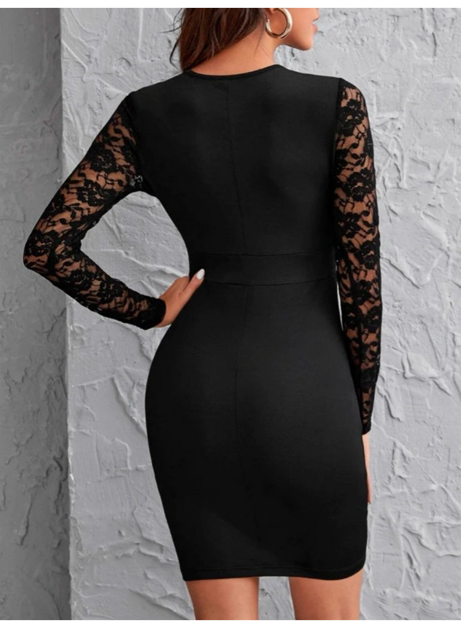 Kadın Uzun Kollu Bisiklet Yaka Kol Vegöğüs Tül Detay Krep Elbise