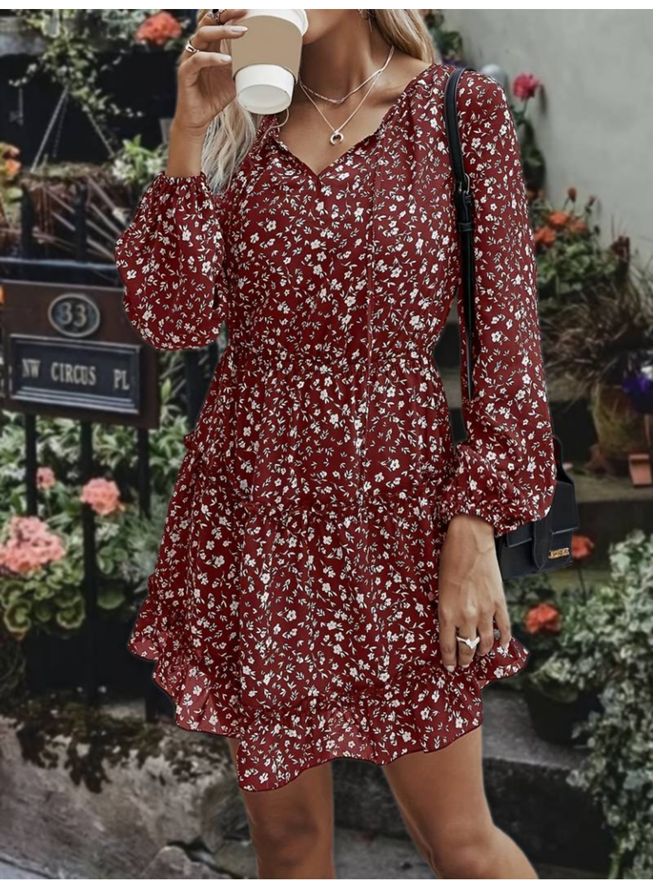 Kadın Uzun Kollu V Yaka Bağcıklı Belden Gipeli çiçek Baskılı Kısa Süprem Elbise