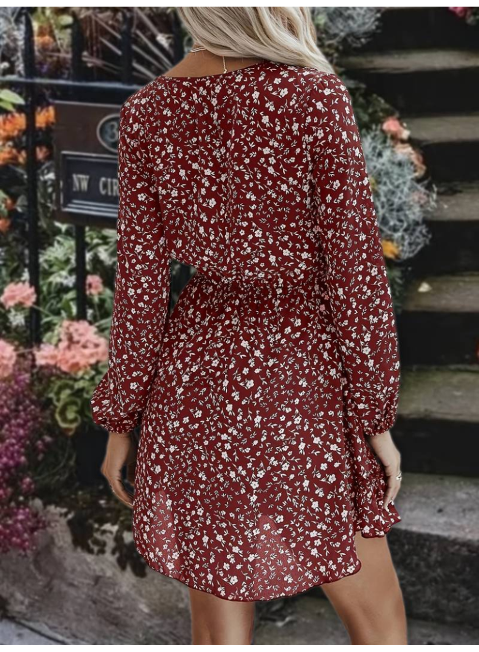 Kadın Uzun Kollu V Yaka Bağcıklı Belden Gipeli çiçek Baskılı Kısa Süprem Elbise