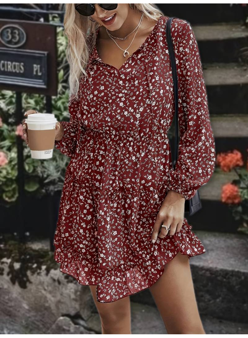 Kadın Uzun Kollu V Yaka Bağcıklı Belden Gipeli çiçek Baskılı Kısa Süprem Elbise
