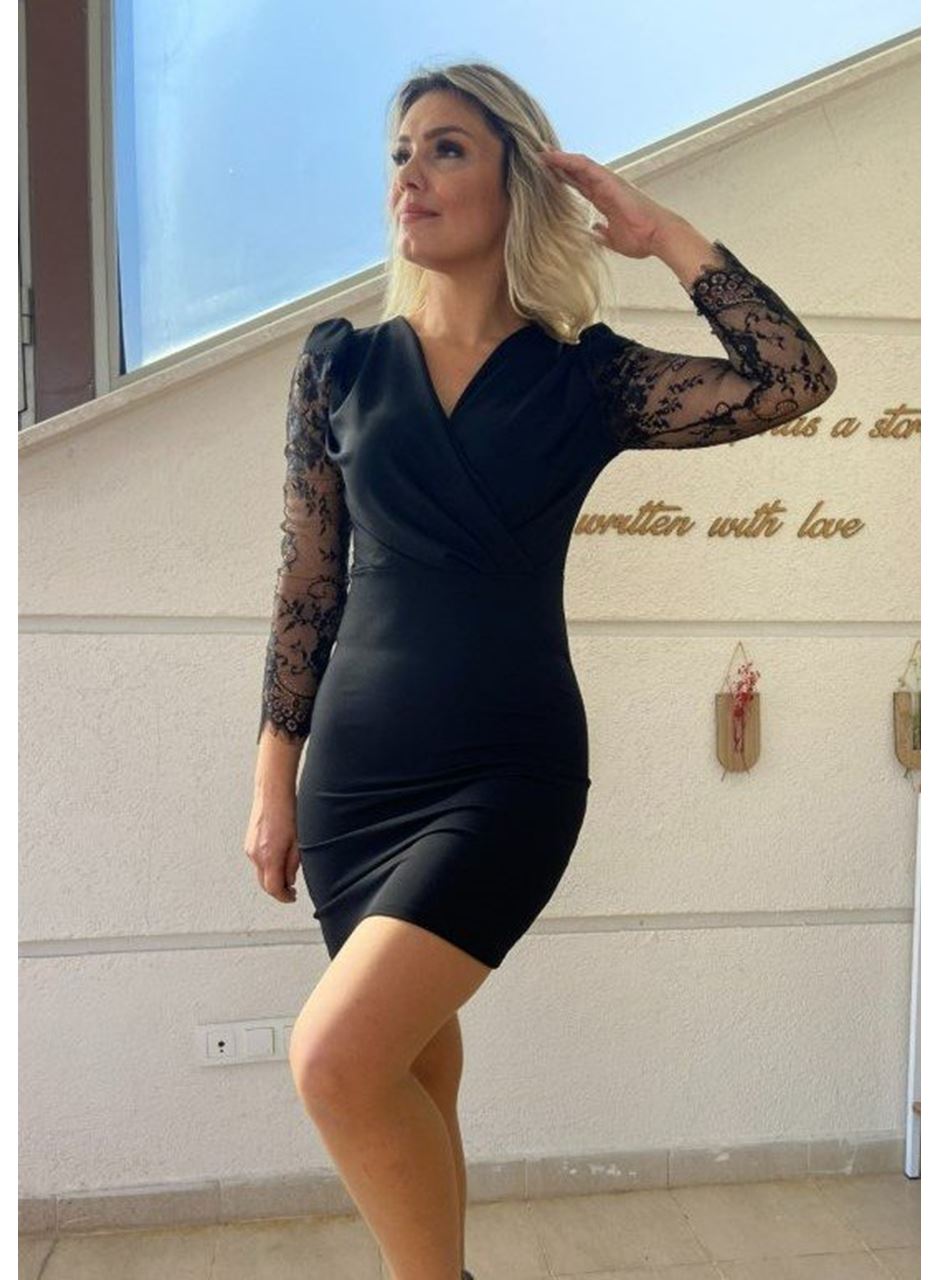 Kadın Uzun Kollu Kruvaze Yaka Kollar Tül Detay Krep Mini Boy Elbise
