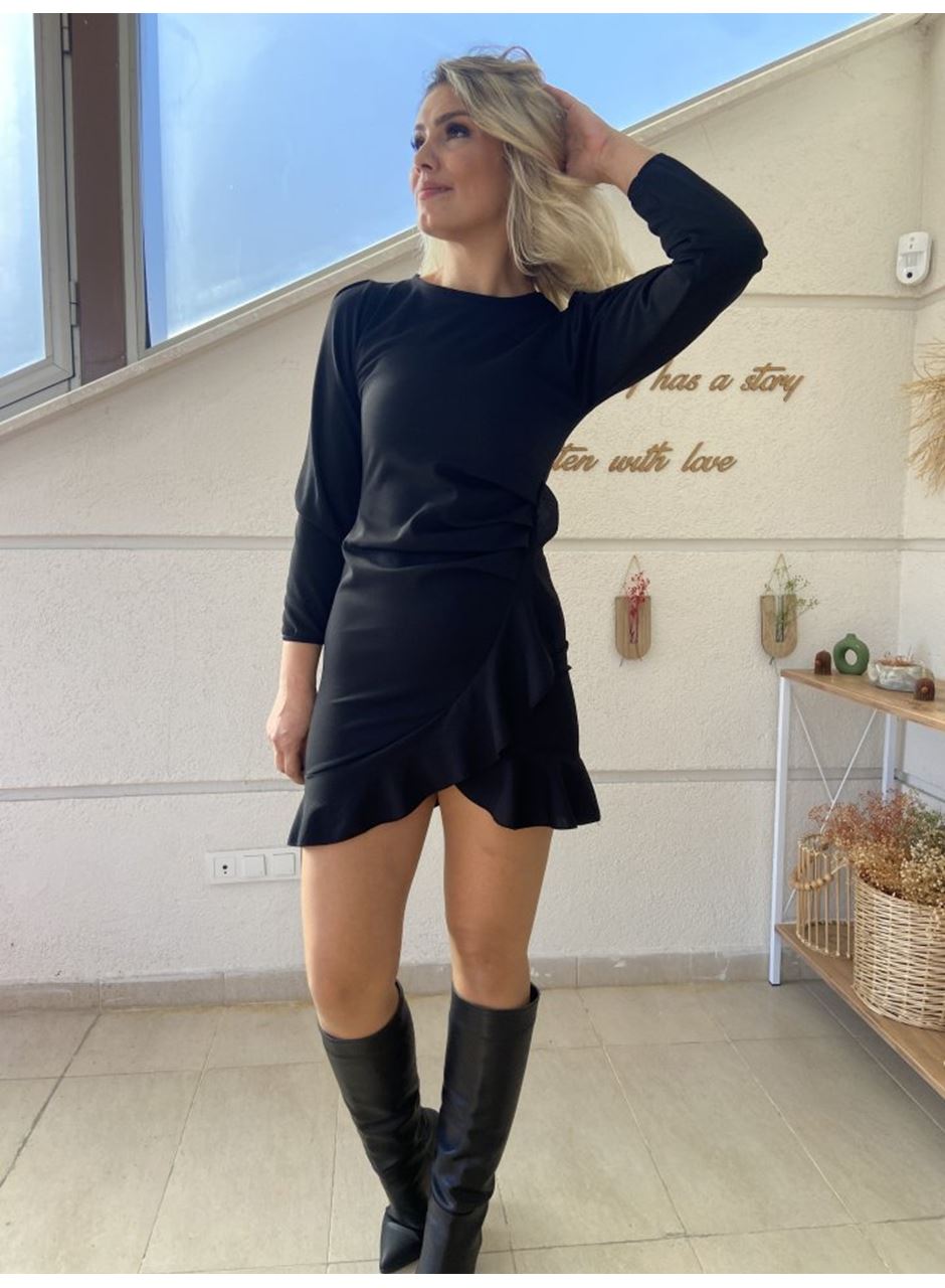 Kadın Uzun Kollu Bisiklet Yaka önden Volanlı Ithal Krep Elbise