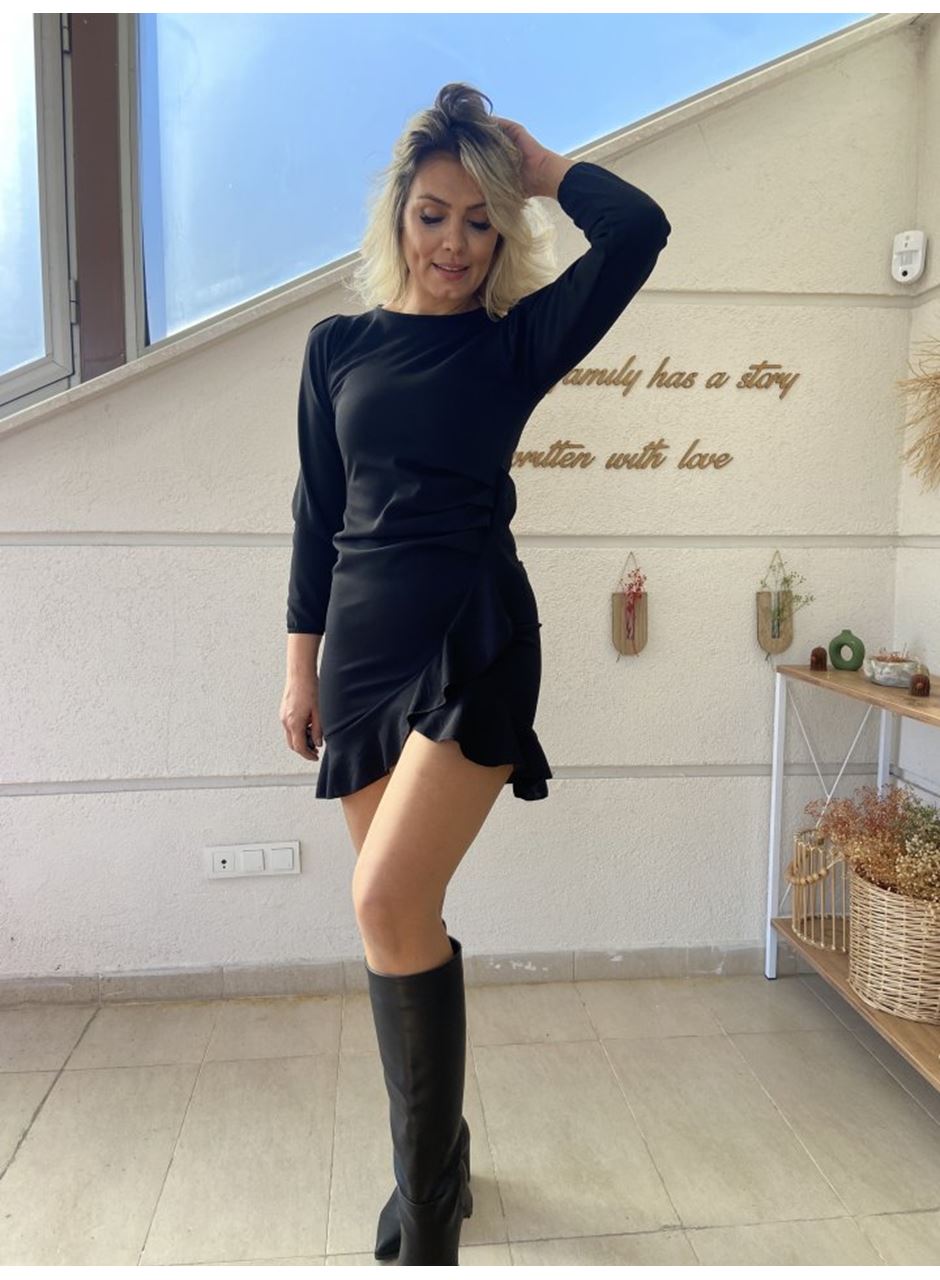 Kadın Uzun Kollu Bisiklet Yaka önden Volanlı Ithal Krep Elbise