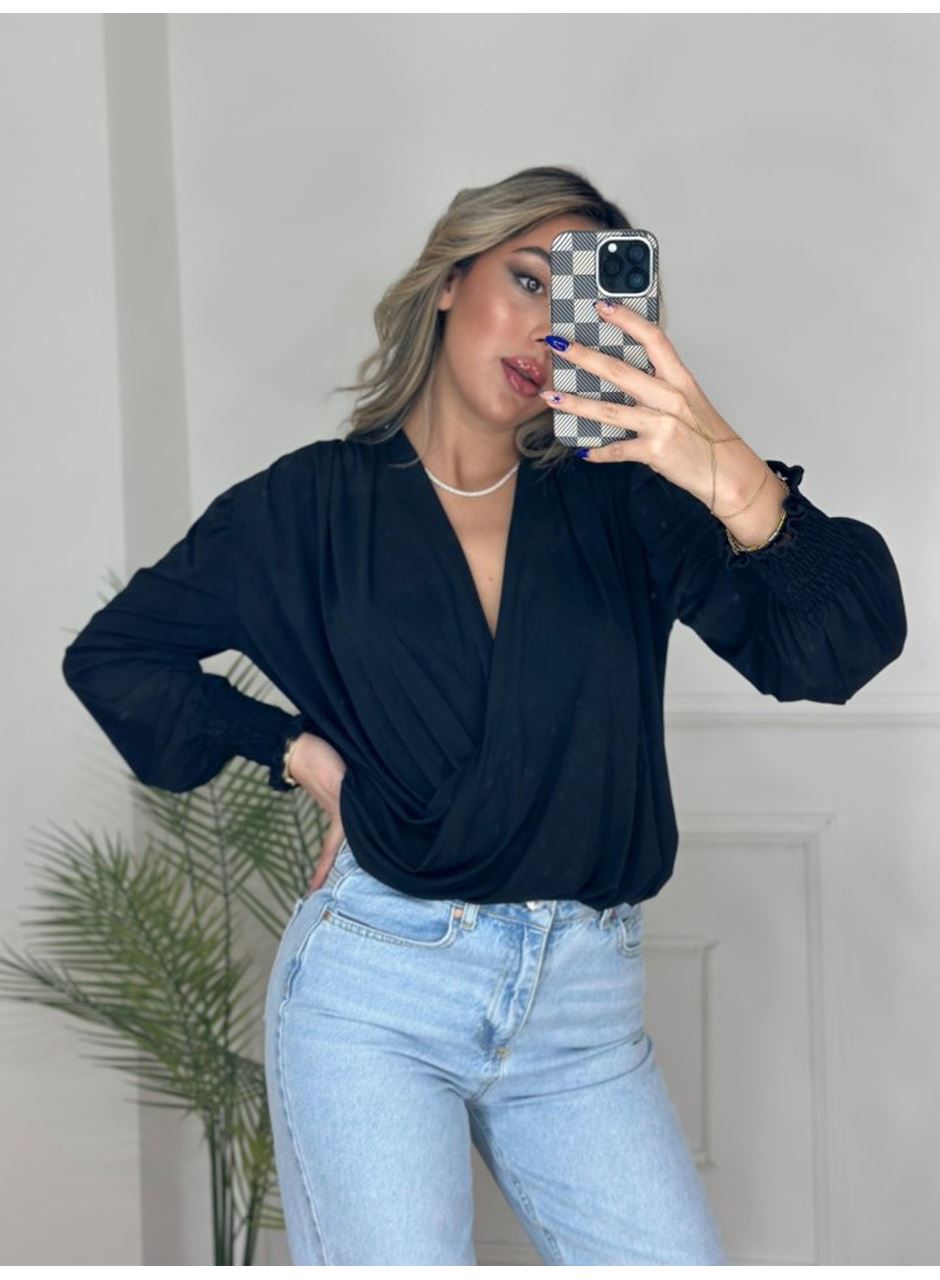 Kadın Uzun Kollu Dökümlü Kruvaze Yaka Kol Ucu Gipeli Sandy Bluz