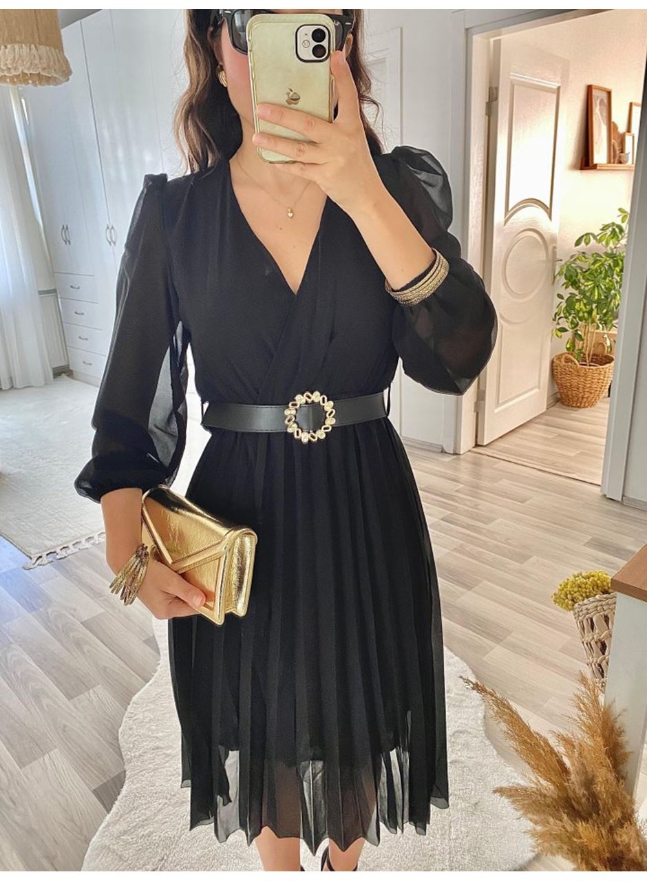 Kadın şifon Kumaş Astalı Kloş Kesim Kruvaze Yaka Midi Boy Elbise