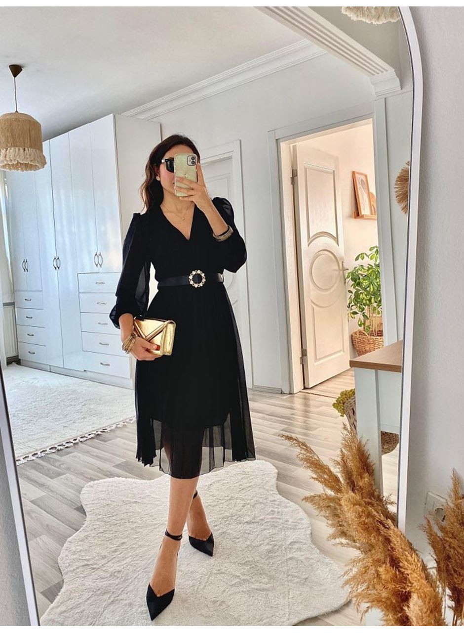 Kadın şifon Kumaş Astalı Kloş Kesim Kruvaze Yaka Midi Boy Elbise