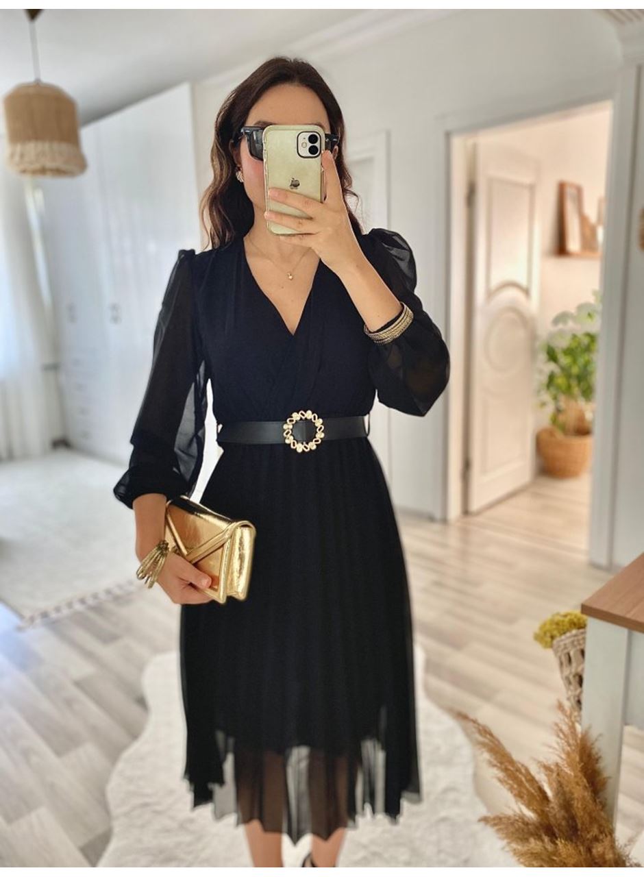 Kadın şifon Kumaş Astalı Kloş Kesim Kruvaze Yaka Midi Boy Elbise