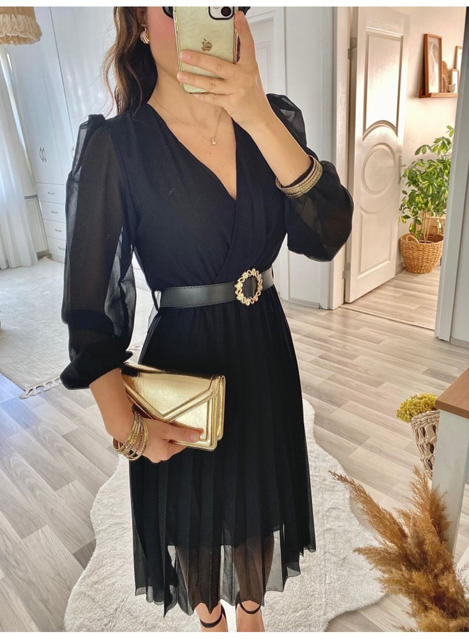 Kadın şifon Kumaş Astalı Kloş Kesim Kruvaze Yaka Midi Boy Elbise