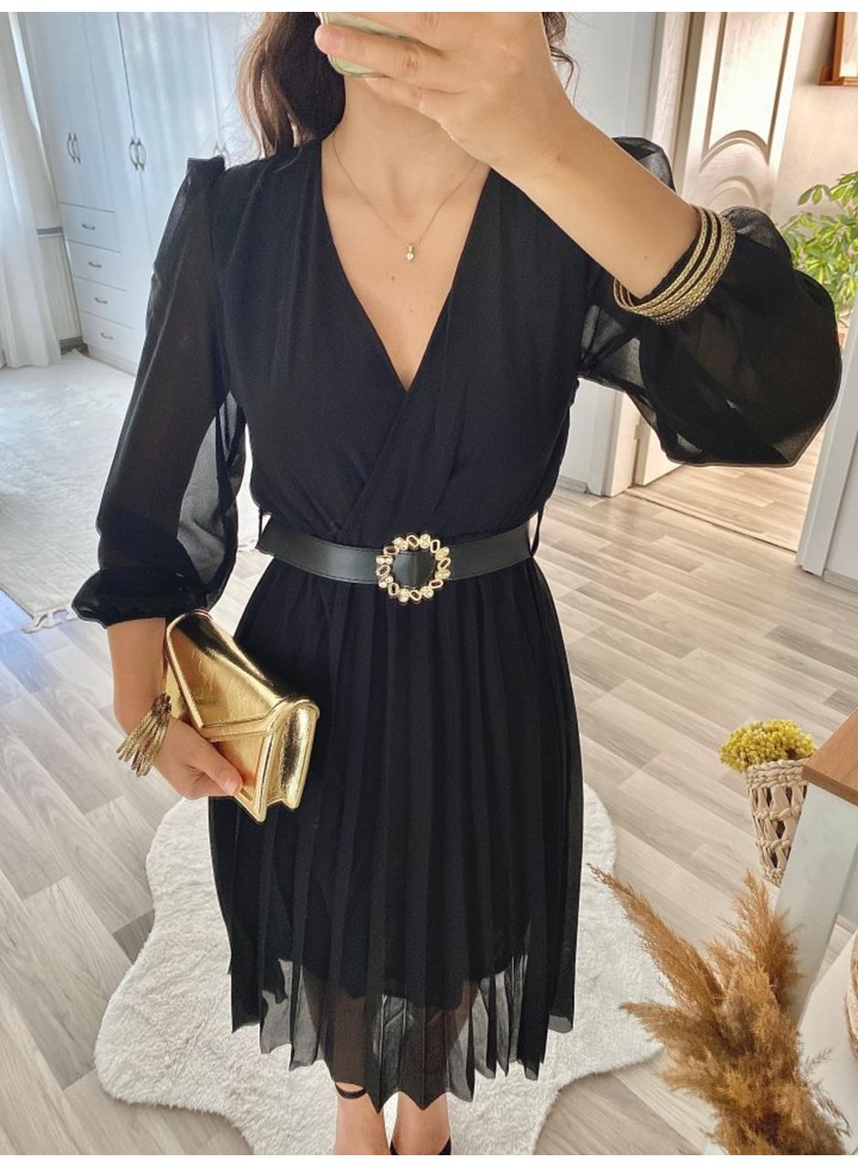 Kadın şifon Kumaş Astalı Kloş Kesim Kruvaze Yaka Midi Boy Elbise