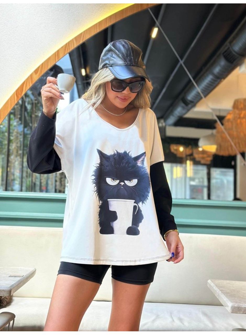 Kadın Uzun Kollu V Yakalı Kedi Baskılı şardonlu Dalgıç Bluz