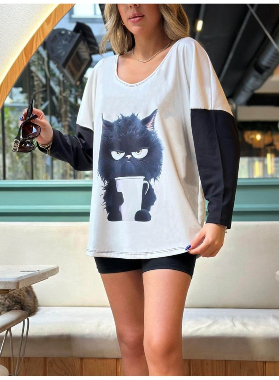 Kadın Uzun Kollu V Yakalı Kedi Baskılı şardonlu Dalgıç Bluz