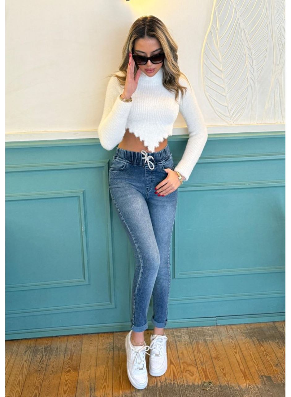 Kadın Belden Bağlamalı Cepli Yüksek Bel Kot Pantolon