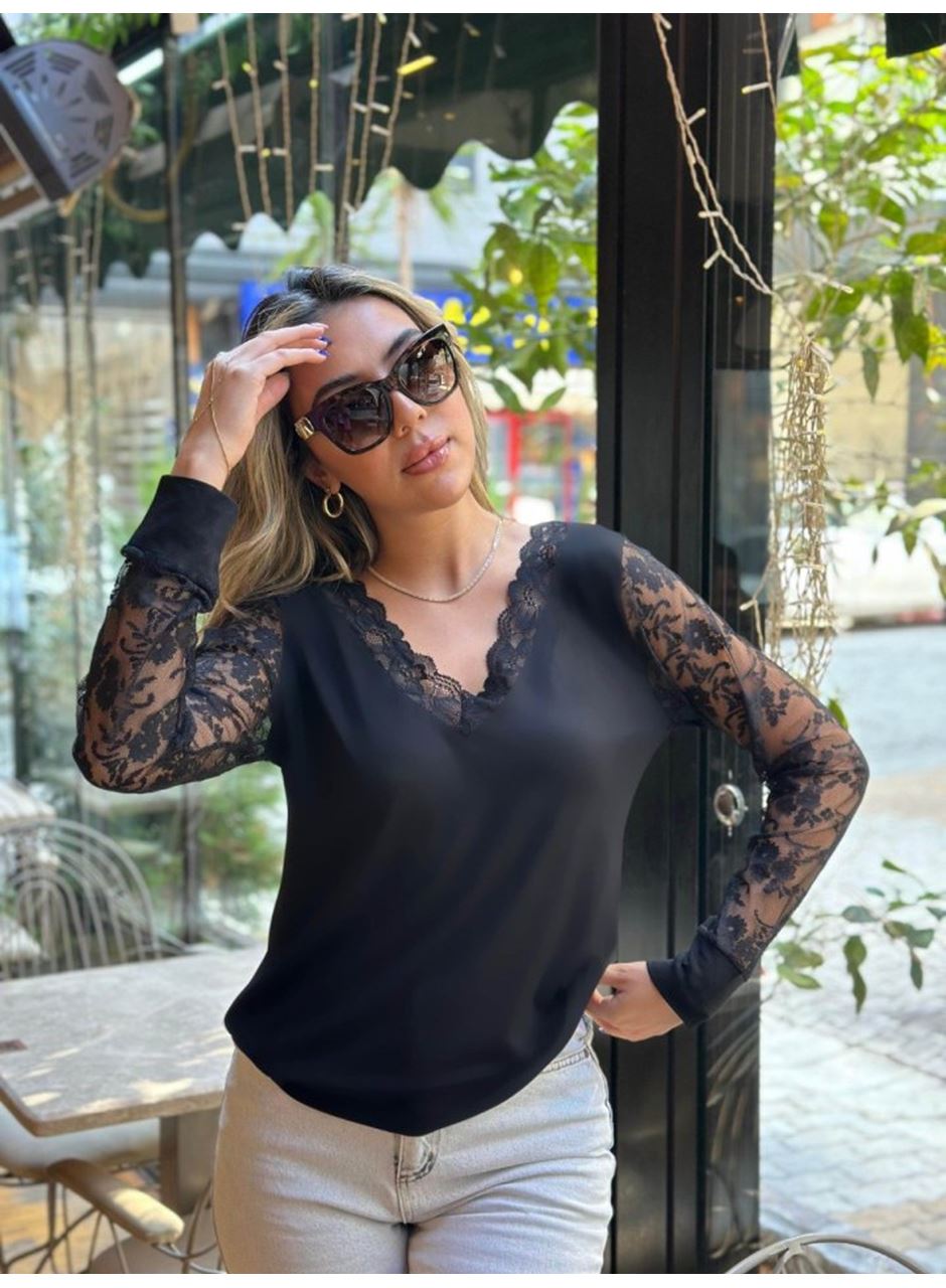 Kadın Uzun Kollu V Yakalı Dantel Detaylı Viskon Bluz