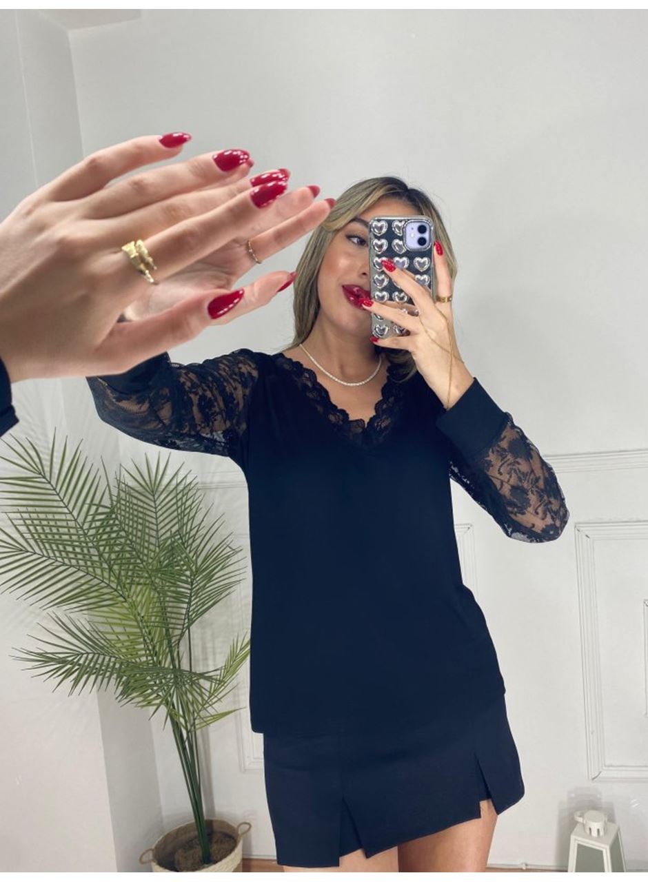 Kadın Uzun Kollu V Yakalı Dantel Detaylı Viskon Bluz