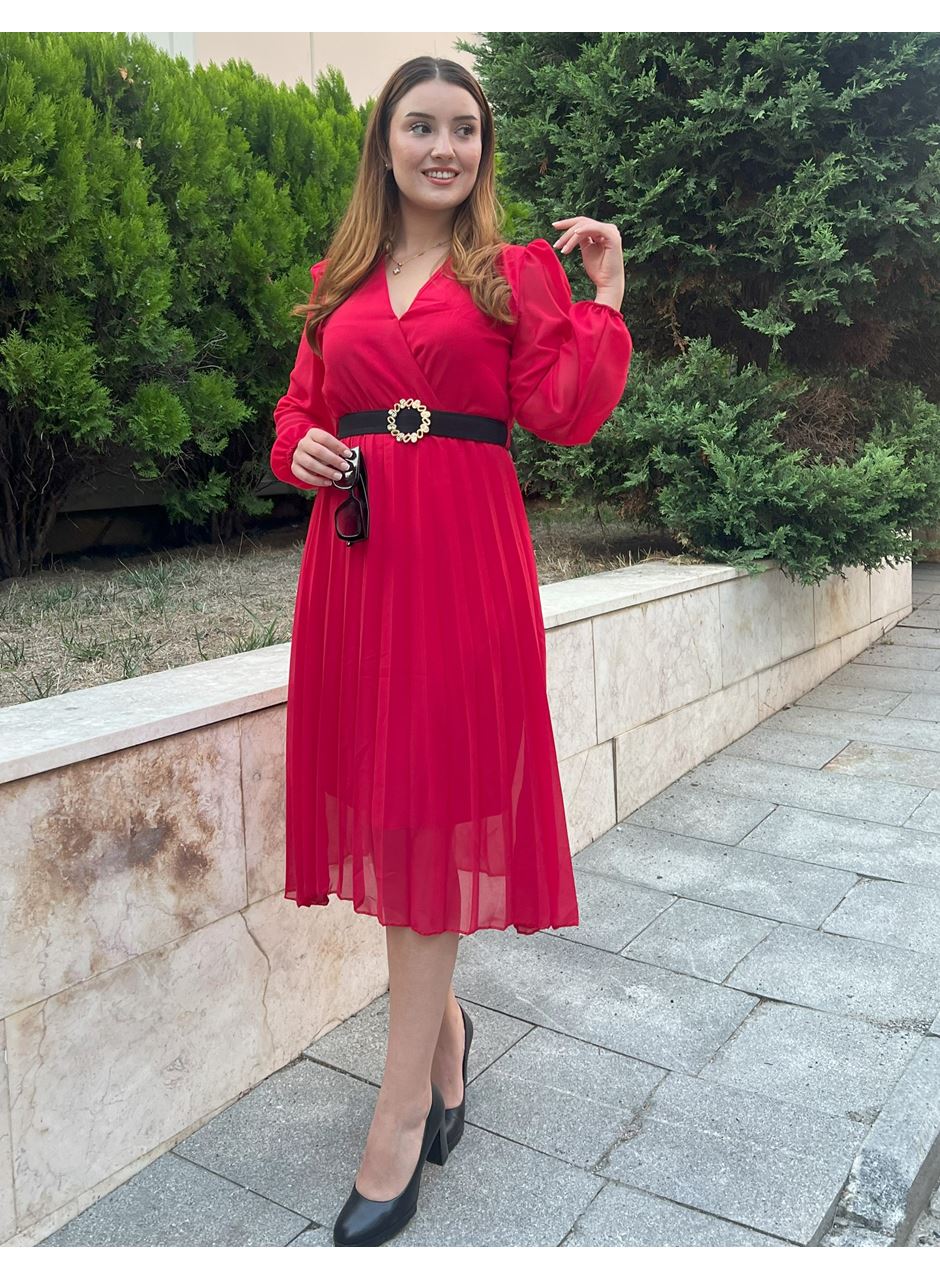 Kadın şifon Kumaş Astalı Kloş Kesim Kruvaze Yaka Midi Boy Elbise