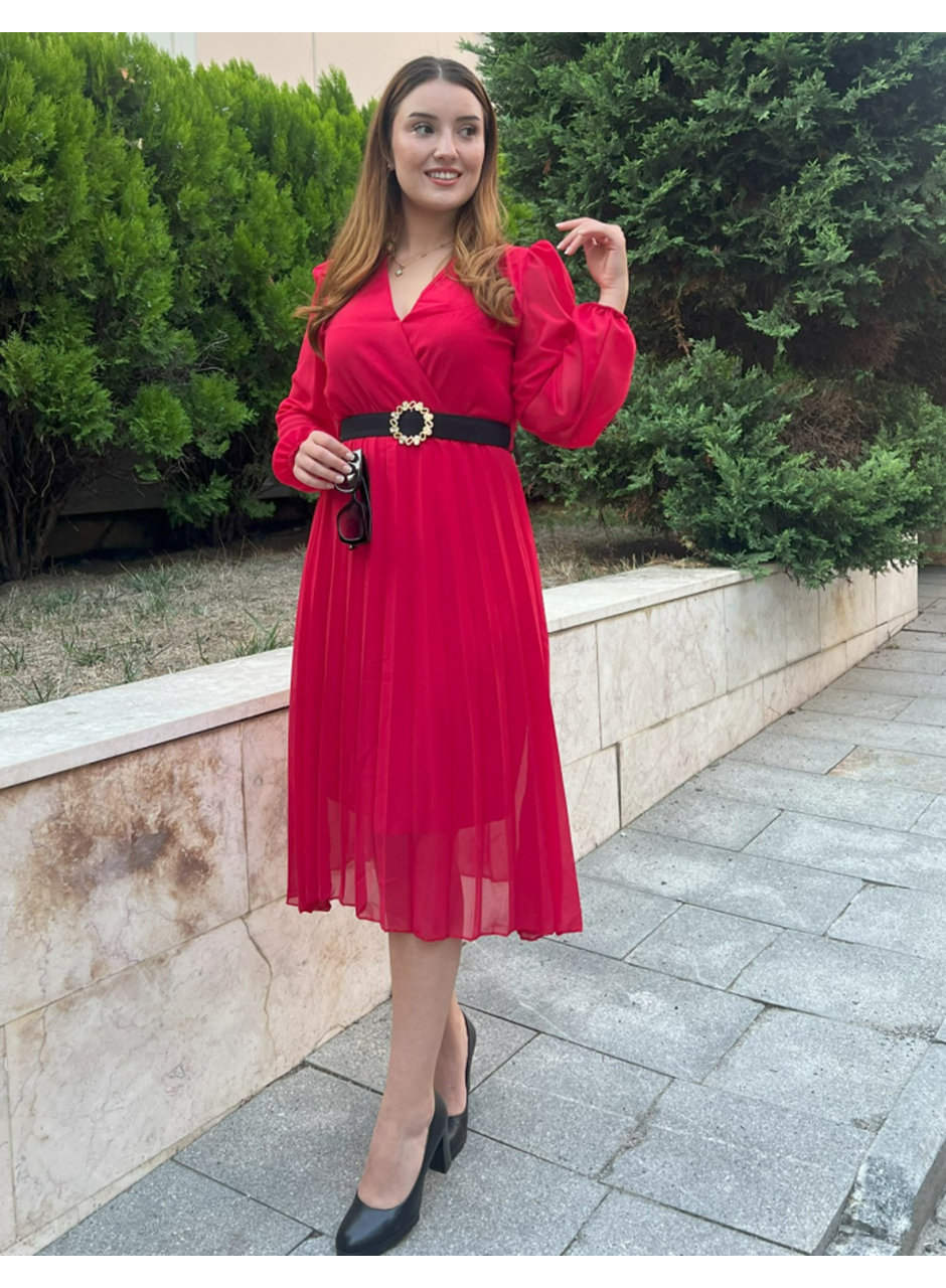 Kadın şifon Kumaş Astalı Kloş Kesim Kruvaze Yaka Midi Boy Elbise