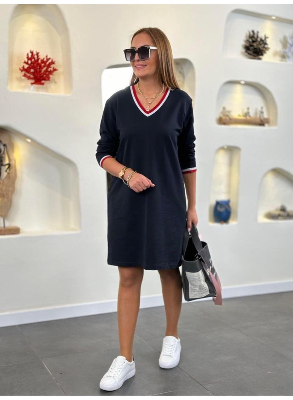 Kadın Uzun Kollu V Yaka Kol Ağzı Ve Yaka Ribana Detaylı Iki Iplik Mini Boy Elbise