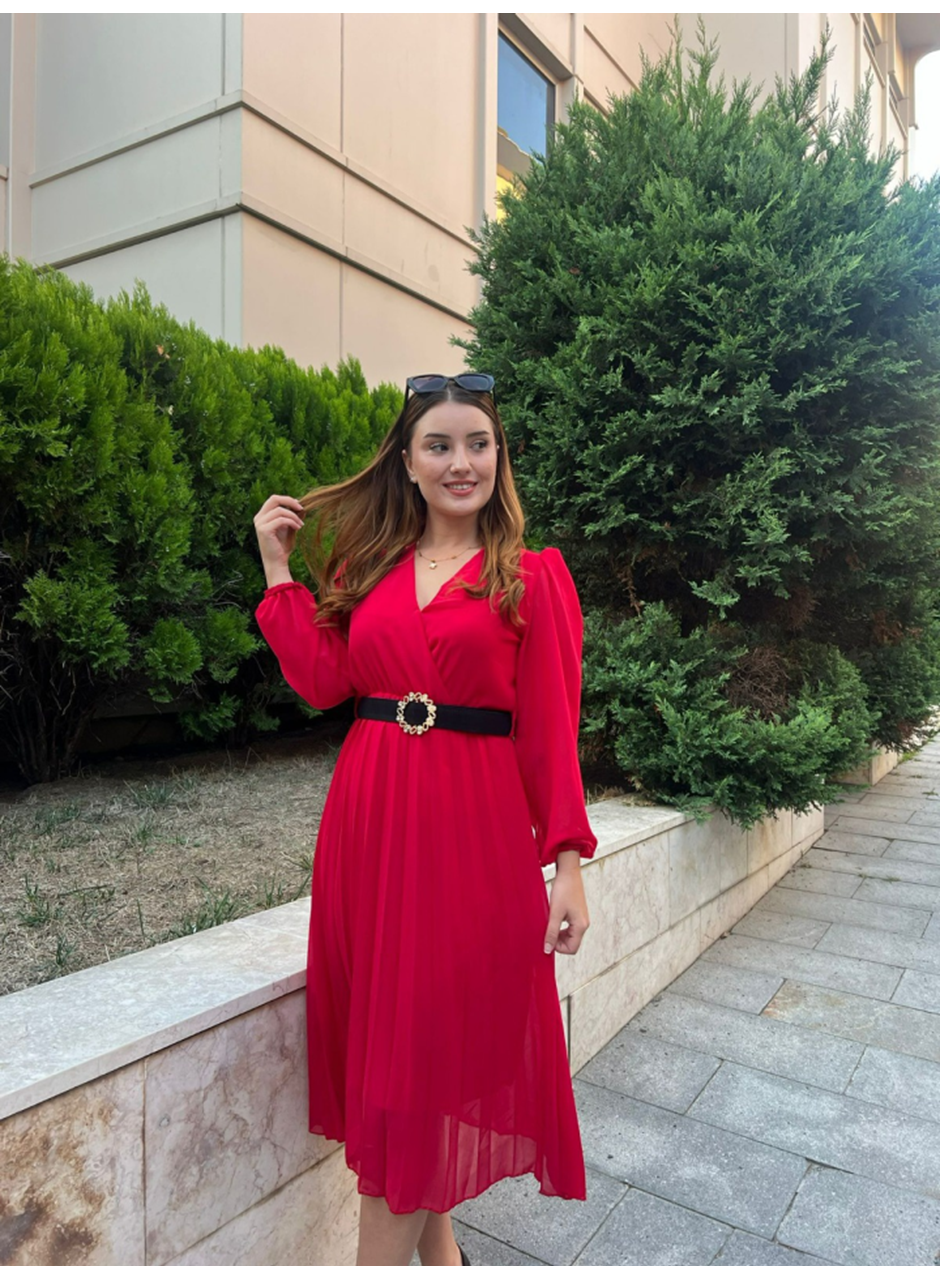 Kadın şifon Kumaş Astalı Kloş Kesim Kruvaze Yaka Midi Boy Elbise