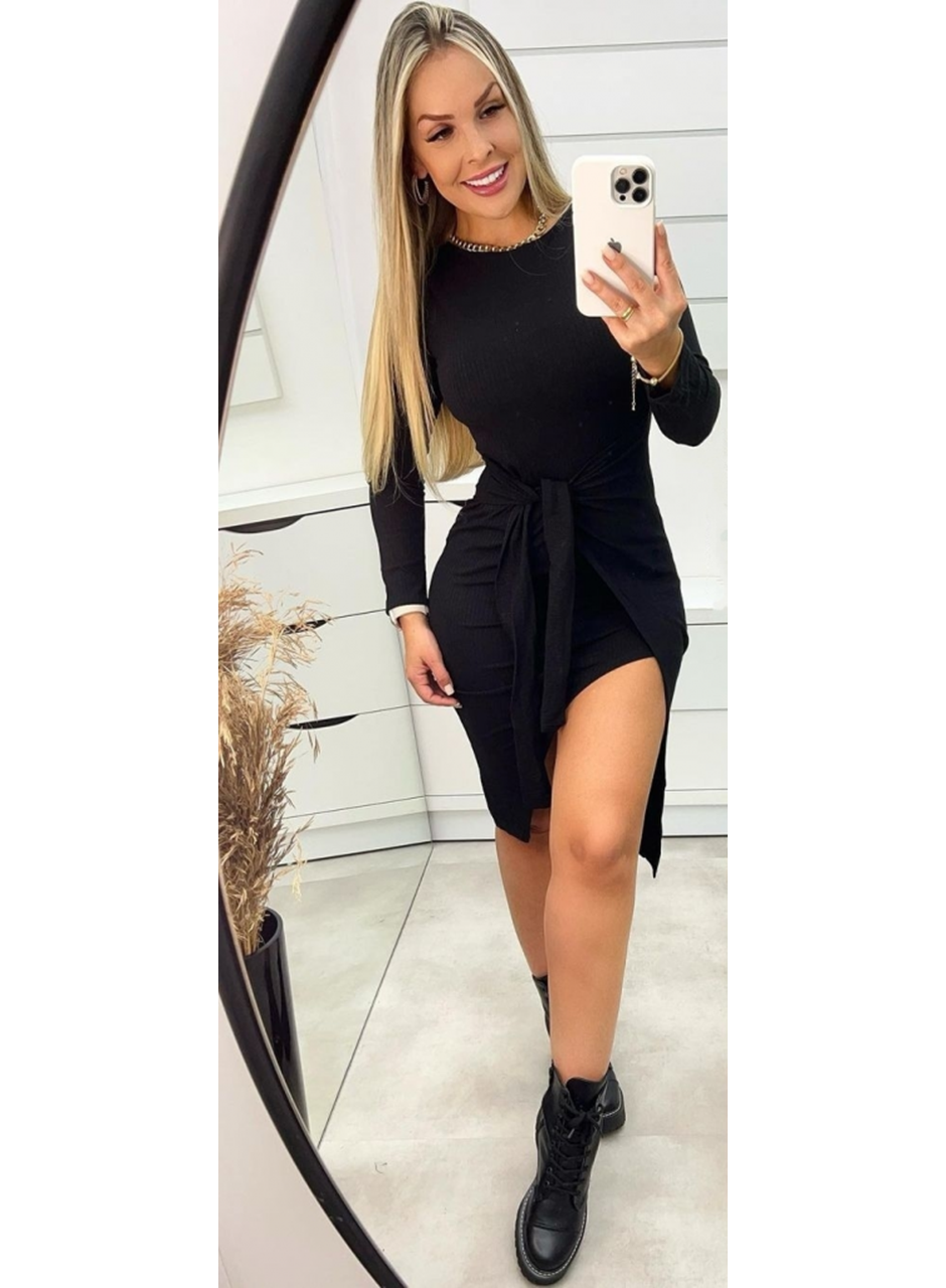 Kadın Uzun Kollu Bisiklet Yaka Kuşaklı Kruvaze Yırtmaç Detay Viskon Elbise