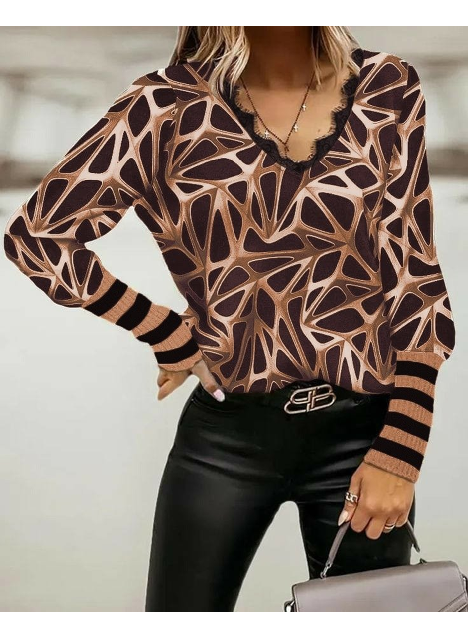 Kadın Uzun Kollu V Yaka Kenarları Güpür Detay şardonlu Dalgıç Bluz