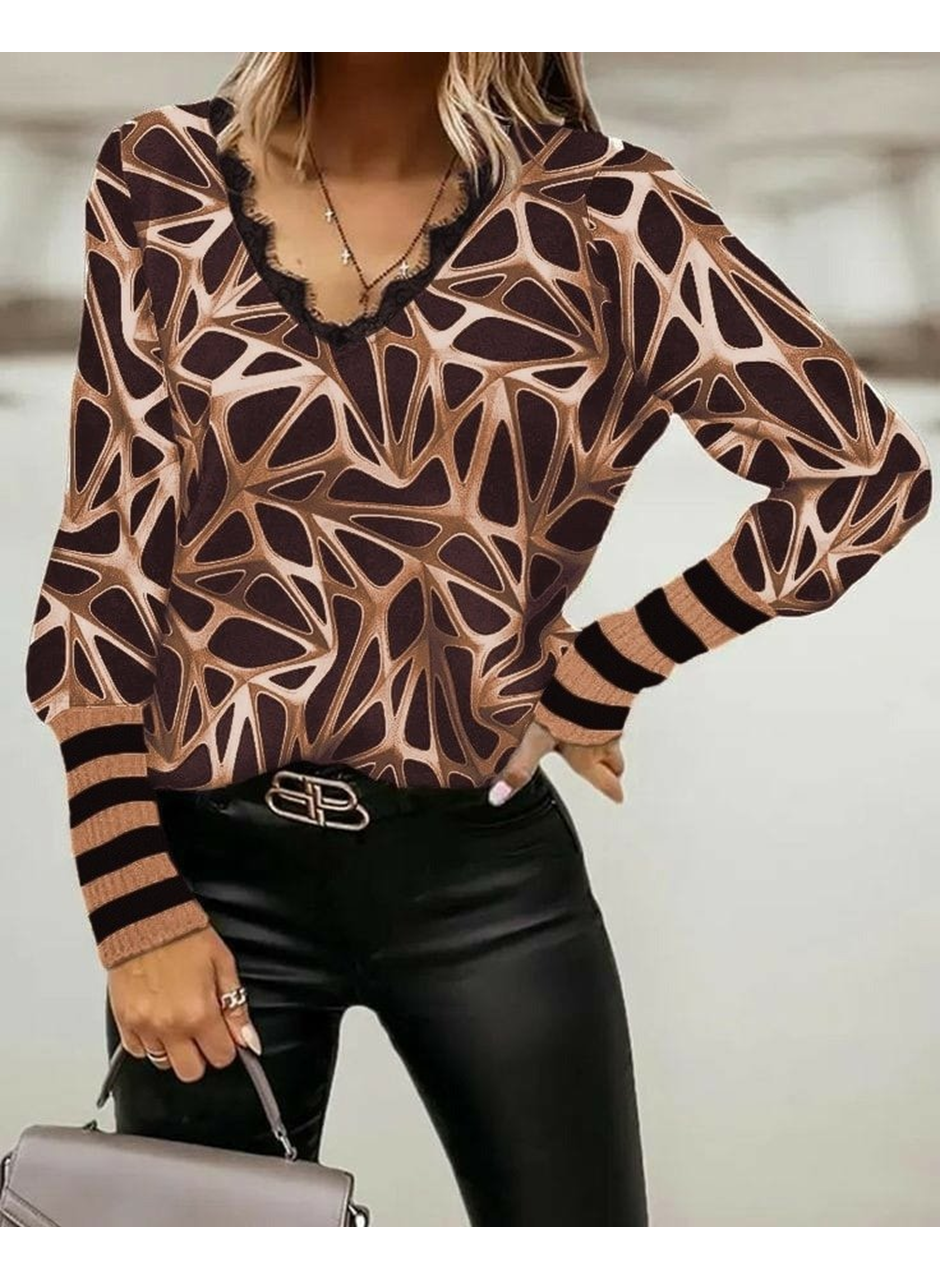 Kadın Uzun Kollu V Yaka Kenarları Güpür Detay şardonlu Dalgıç Bluz