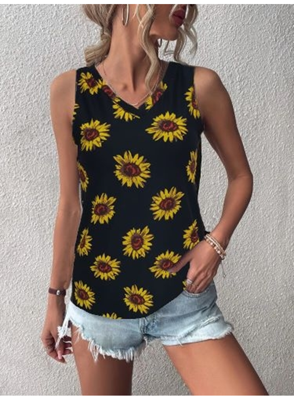 Kadın V Yaka Kolsuz Ayçiçeği Desen Krep Bluz