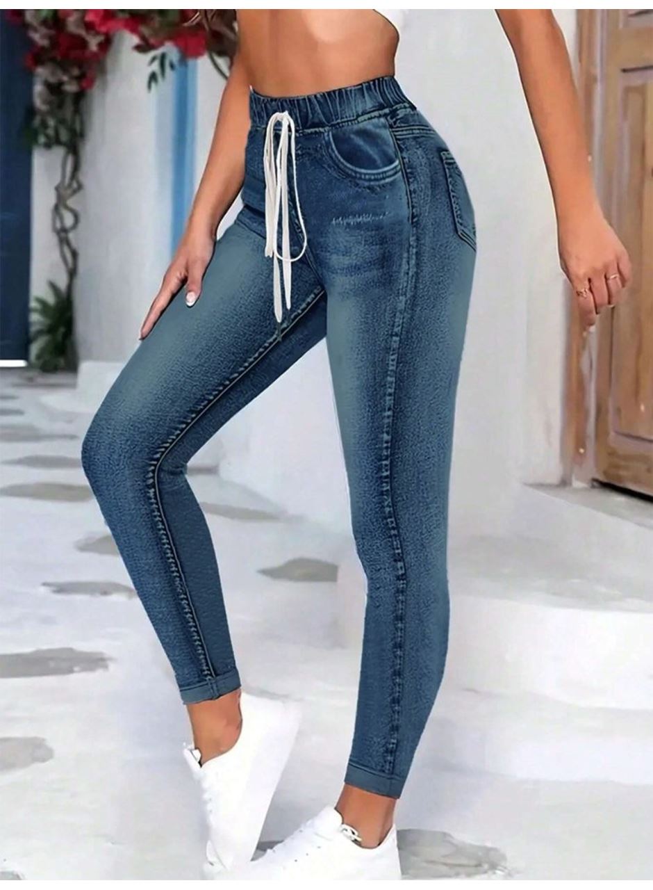 Kadın Belden Bağlamalı Cepli Yüksek Bel Kot Pantolon