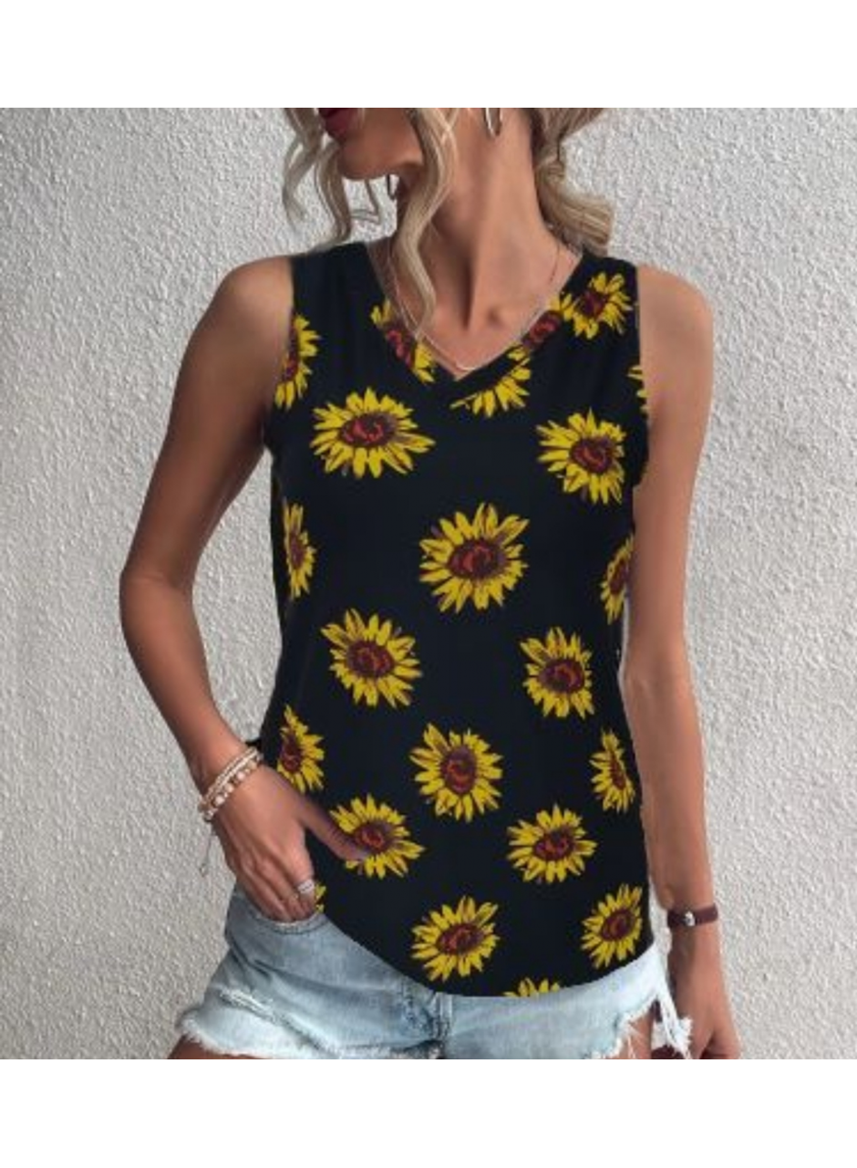 Kadın V Yaka Kolsuz Ayçiçeği Desen Krep Bluz