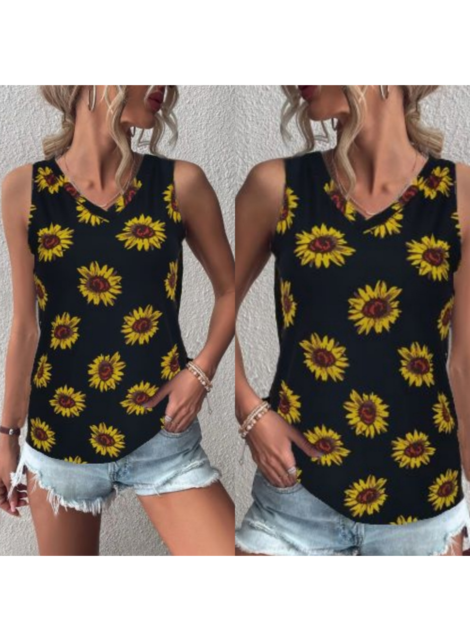 Kadın V Yaka Kolsuz Ayçiçeği Desen Krep Bluz