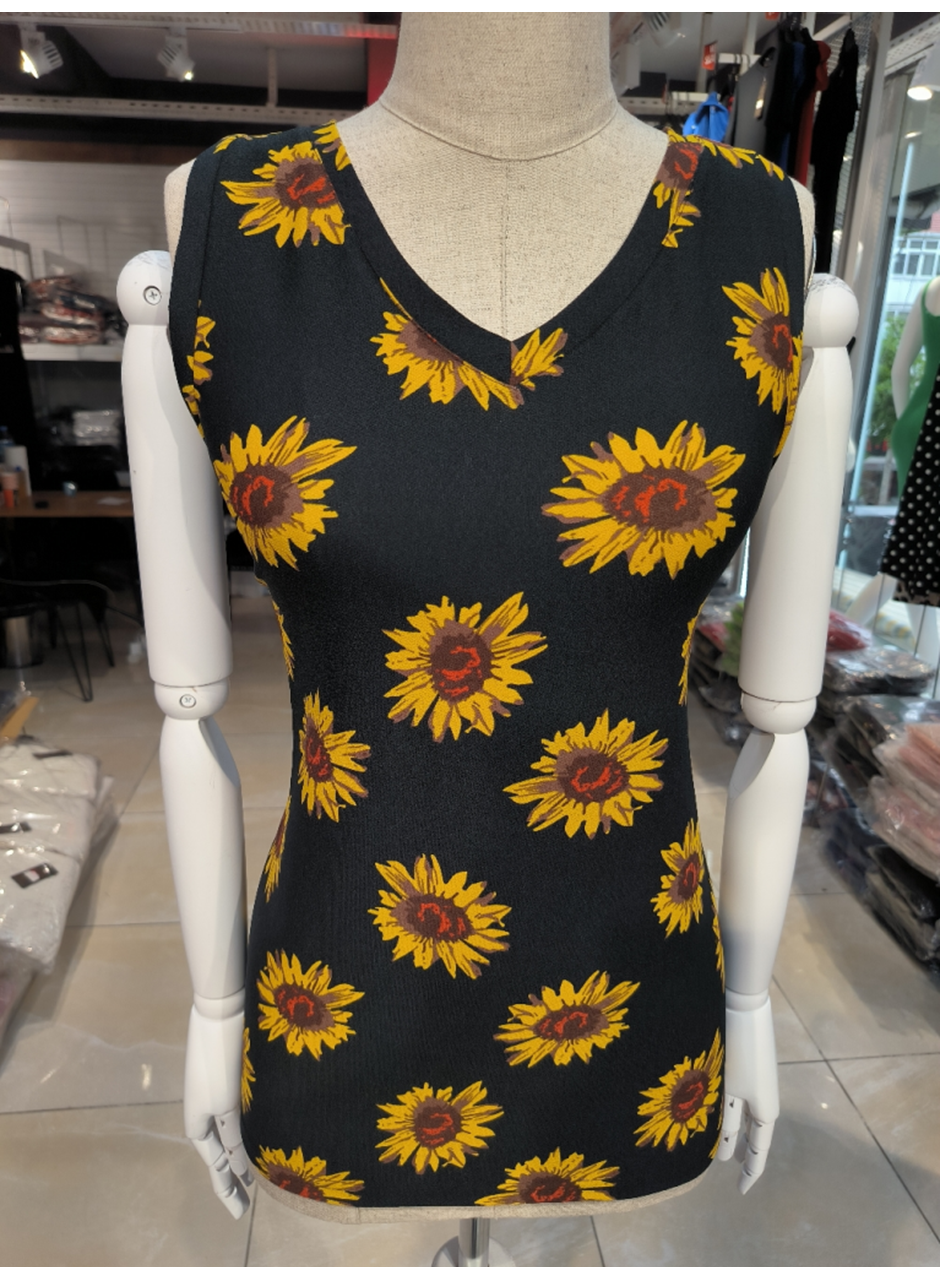 Kadın V Yaka Kolsuz Ayçiçeği Desen Krep Bluz