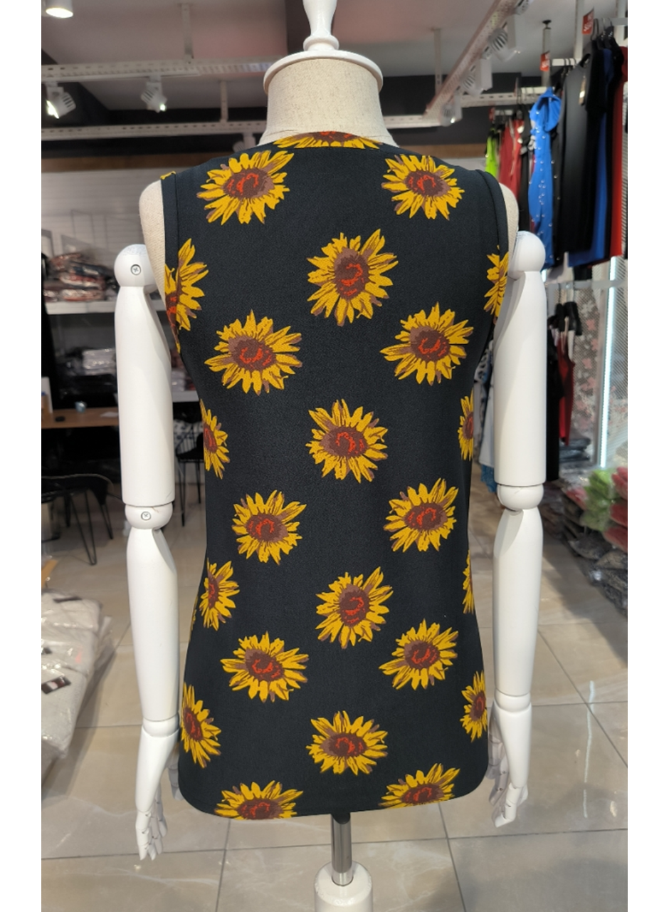 Kadın V Yaka Kolsuz Ayçiçeği Desen Krep Bluz