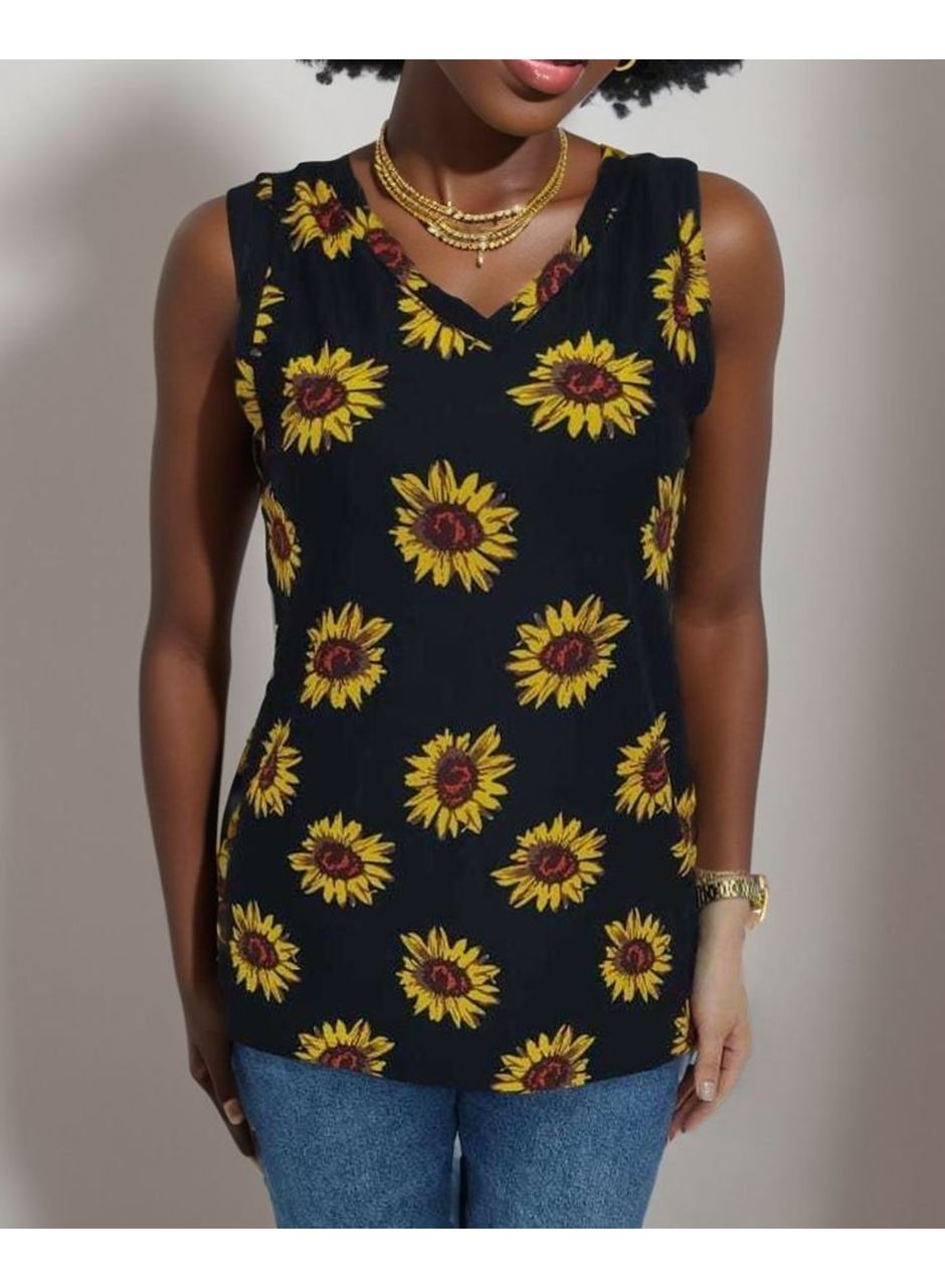 Kadın V Yaka Kolsuz Ayçiçeği Desen Krep Bluz