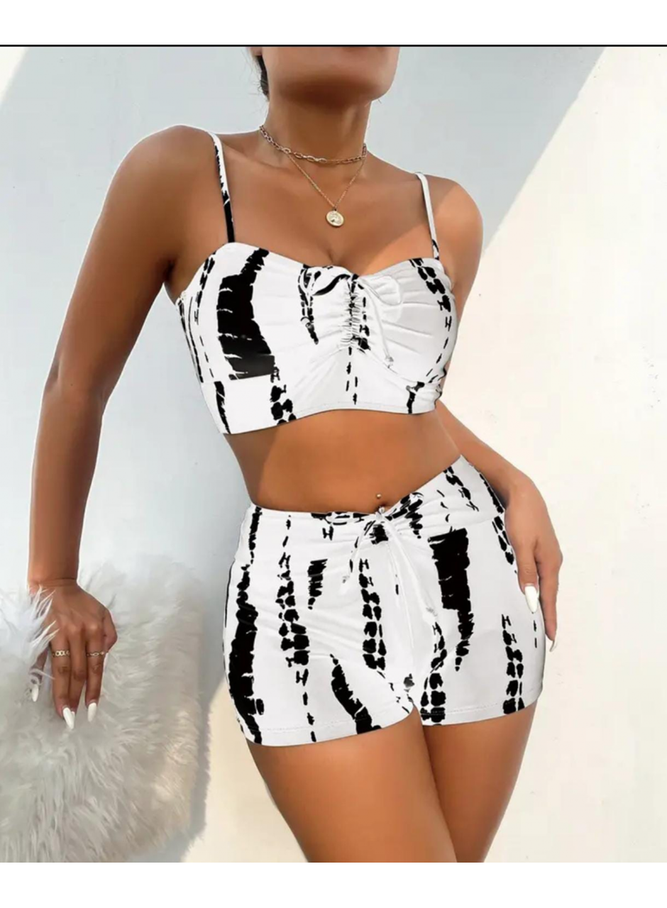 Kadın Büzgü Detay Askılı Crop Mini Tayt Ikili Takım