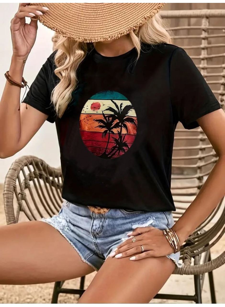 Kadın Kısa Kollu Palmiye Baskılı Viskon T-shirt