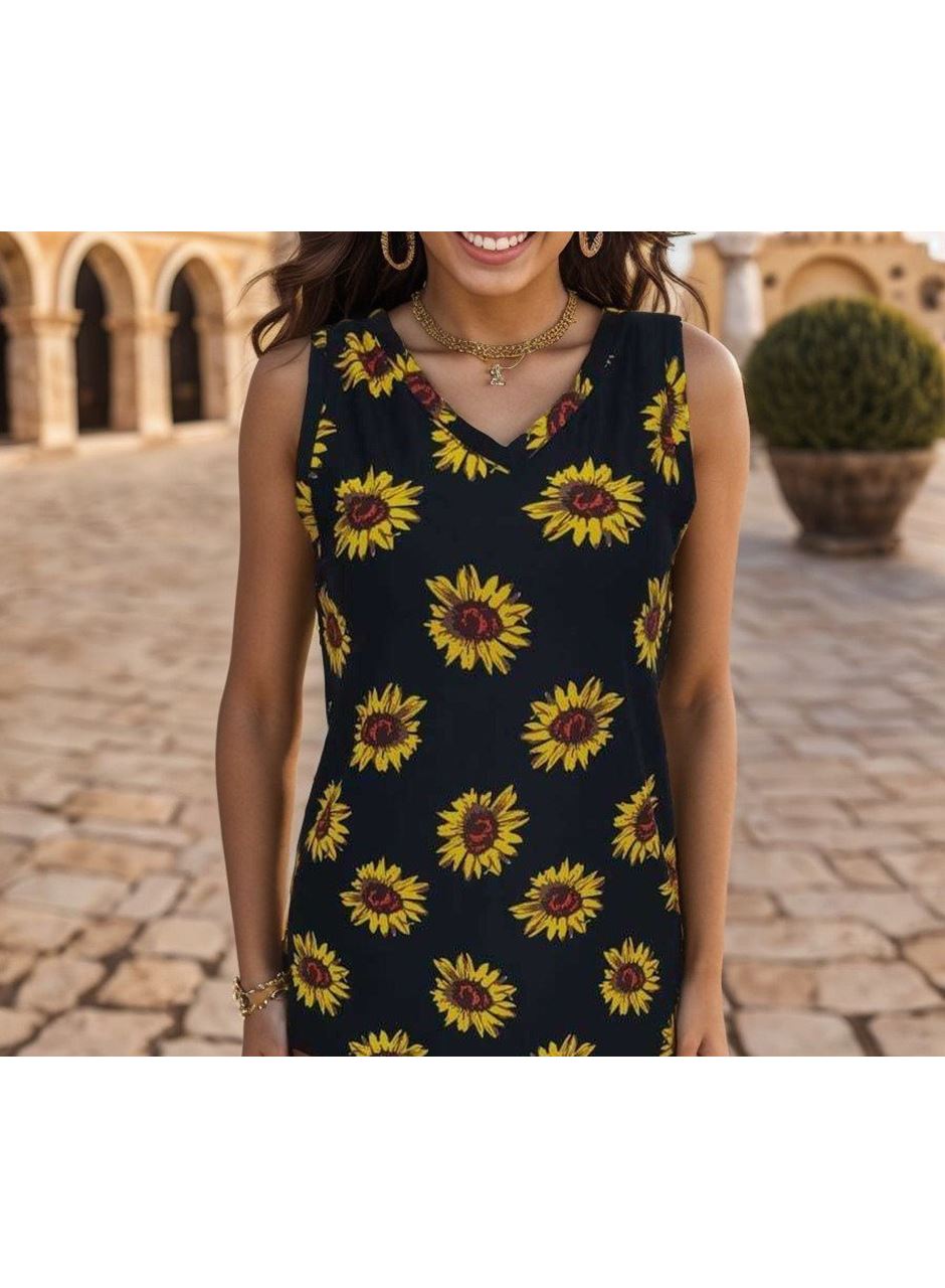 Kadın V Yaka Kolsuz Ayçiçeği Desen Krep Bluz