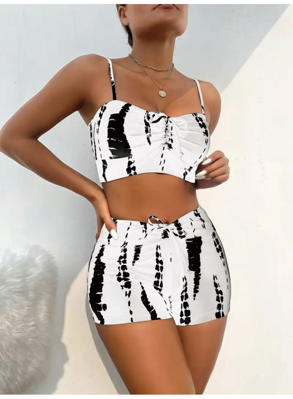 Kadın Büzgü Detay Askılı Crop Mini Tayt Ikili Takım