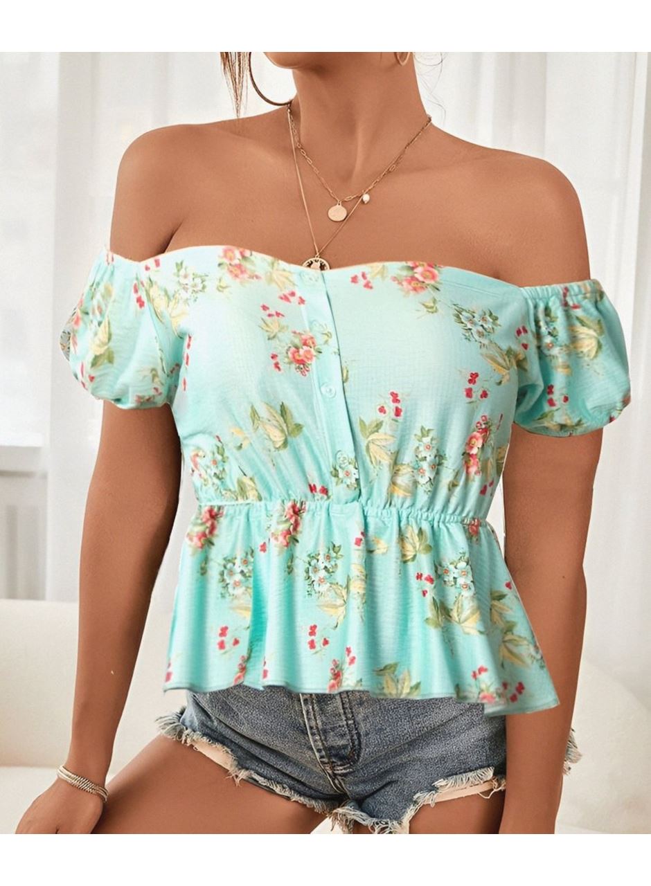 Kadın Kısa Kollu Madonna Yaka çiçek Desenli Düğme Detay Gipeli Süprem Kumaş Bluz