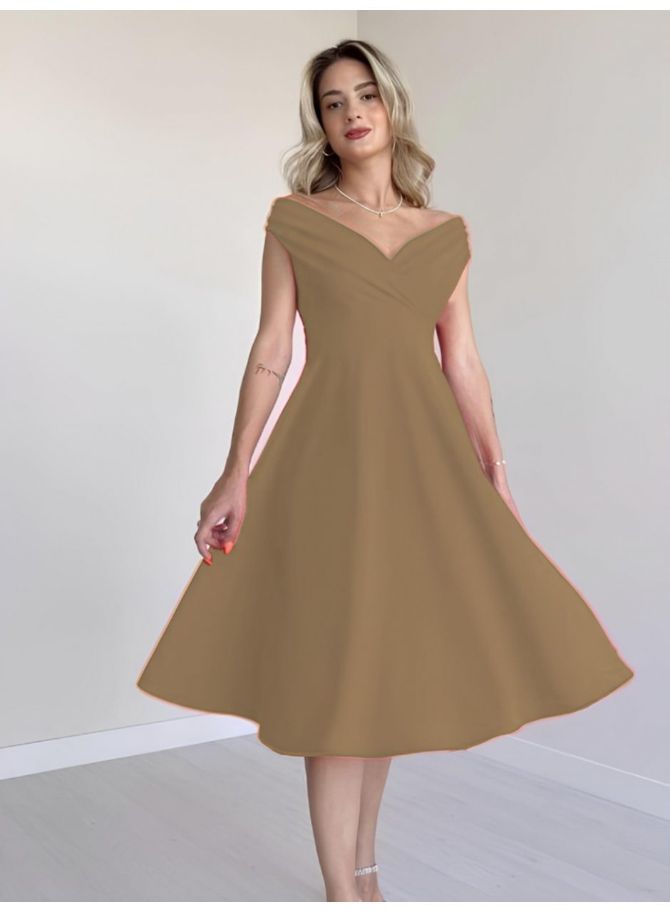 Kadın Kısa Kollu Kruvaze Yaka Eteği Volanlı Krep Elbise