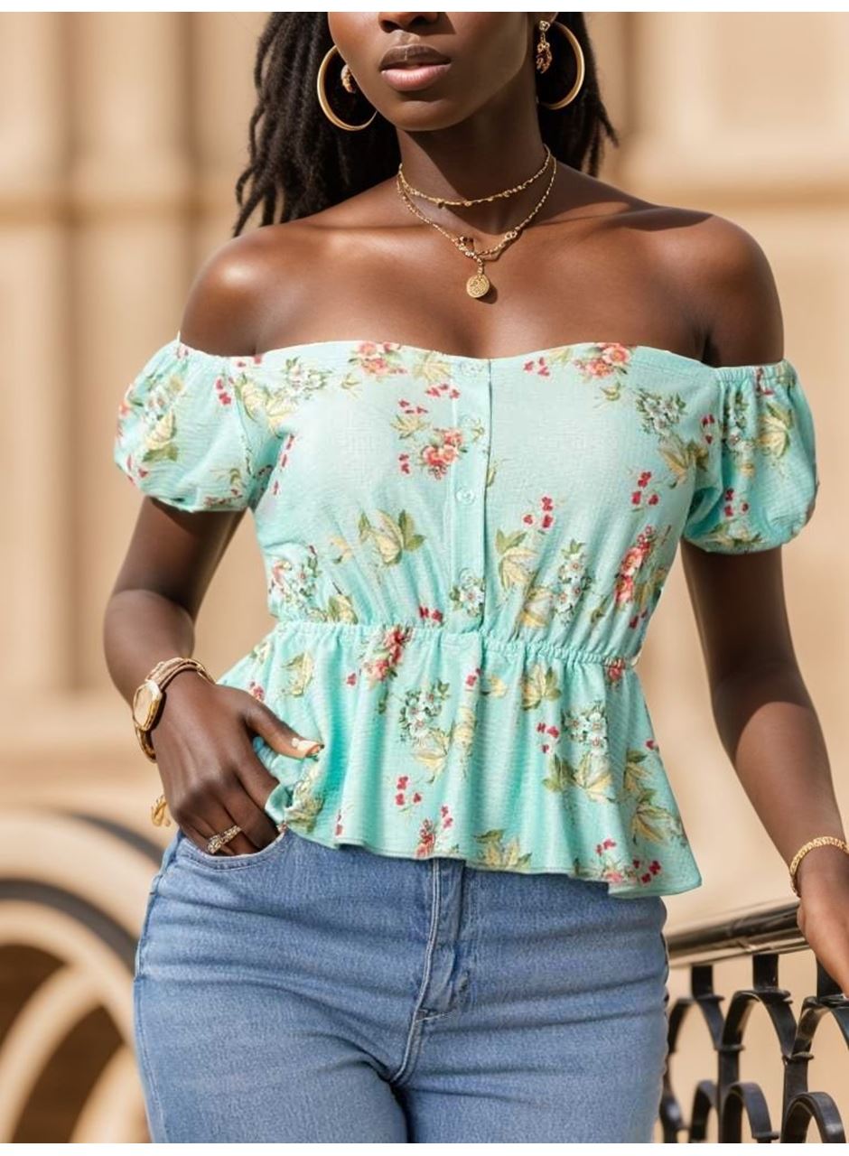 Kadın Kısa Kollu Madonna Yaka çiçek Desenli Düğme Detay Gipeli Süprem Kumaş Bluz