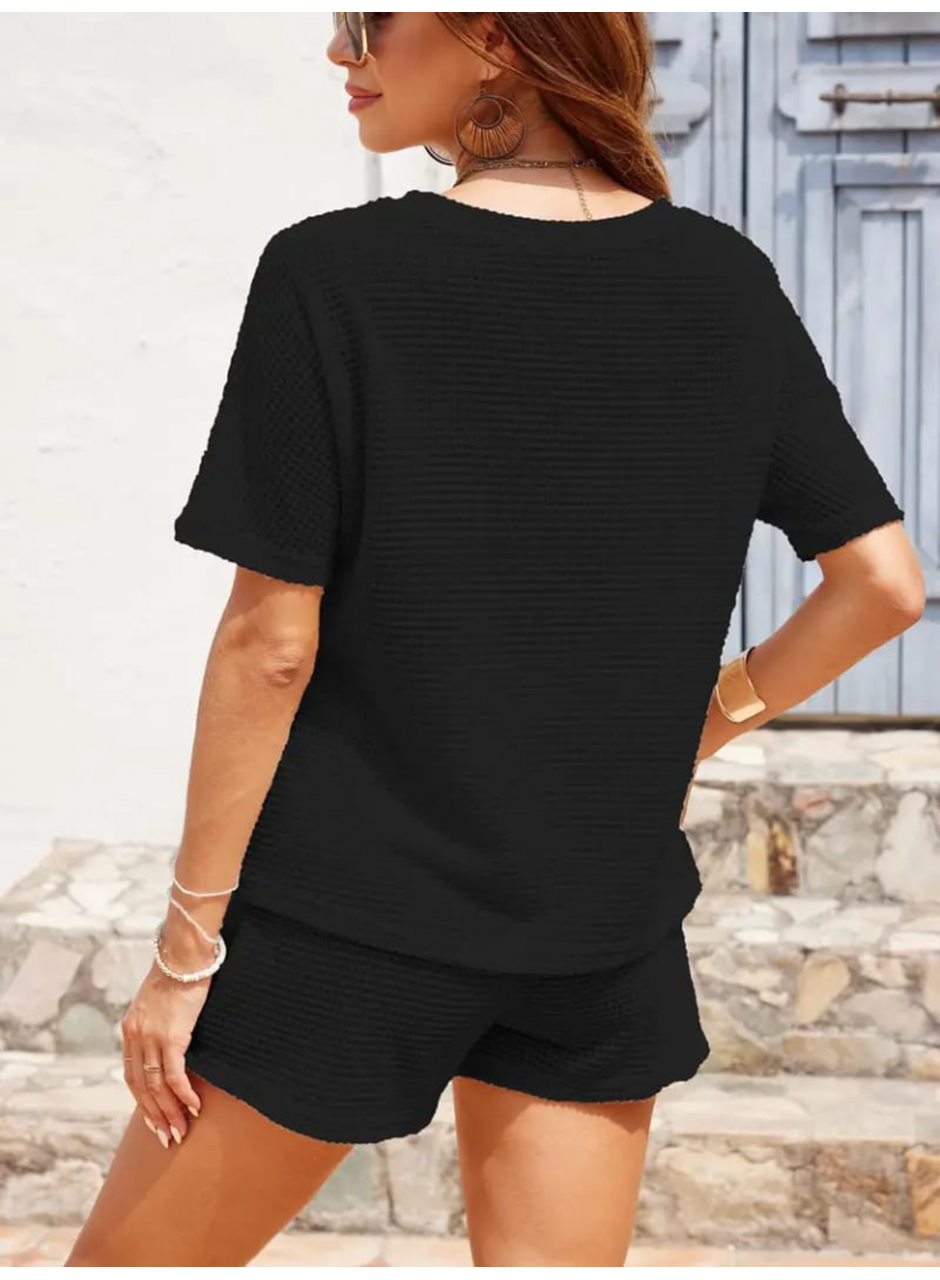 Kadın Kısa Kollu Bisiklet Yaka Alt Ve üst Waffle Ikili Takım