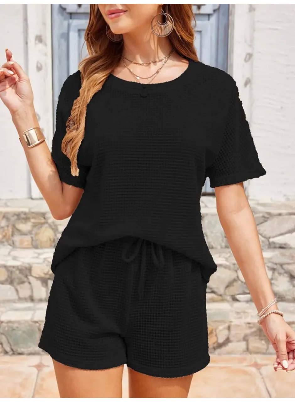 Kadın Kısa Kollu Bisiklet Yaka Alt Ve üst Waffle Ikili Takım