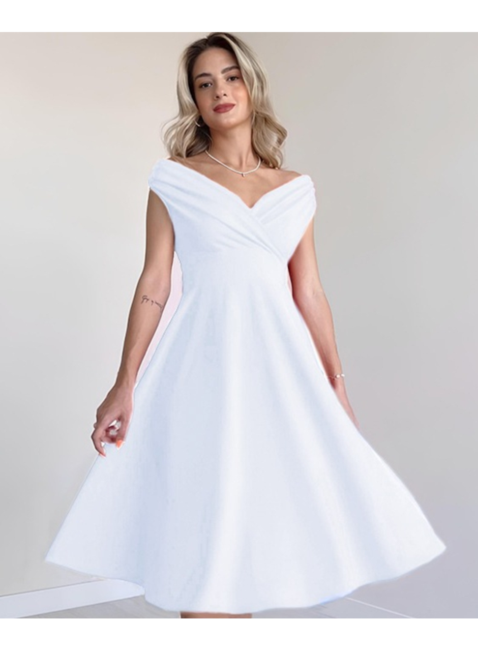 Kadın Kısa Kollu Kruvaze Yaka Eteği Volanlı Krep Elbise