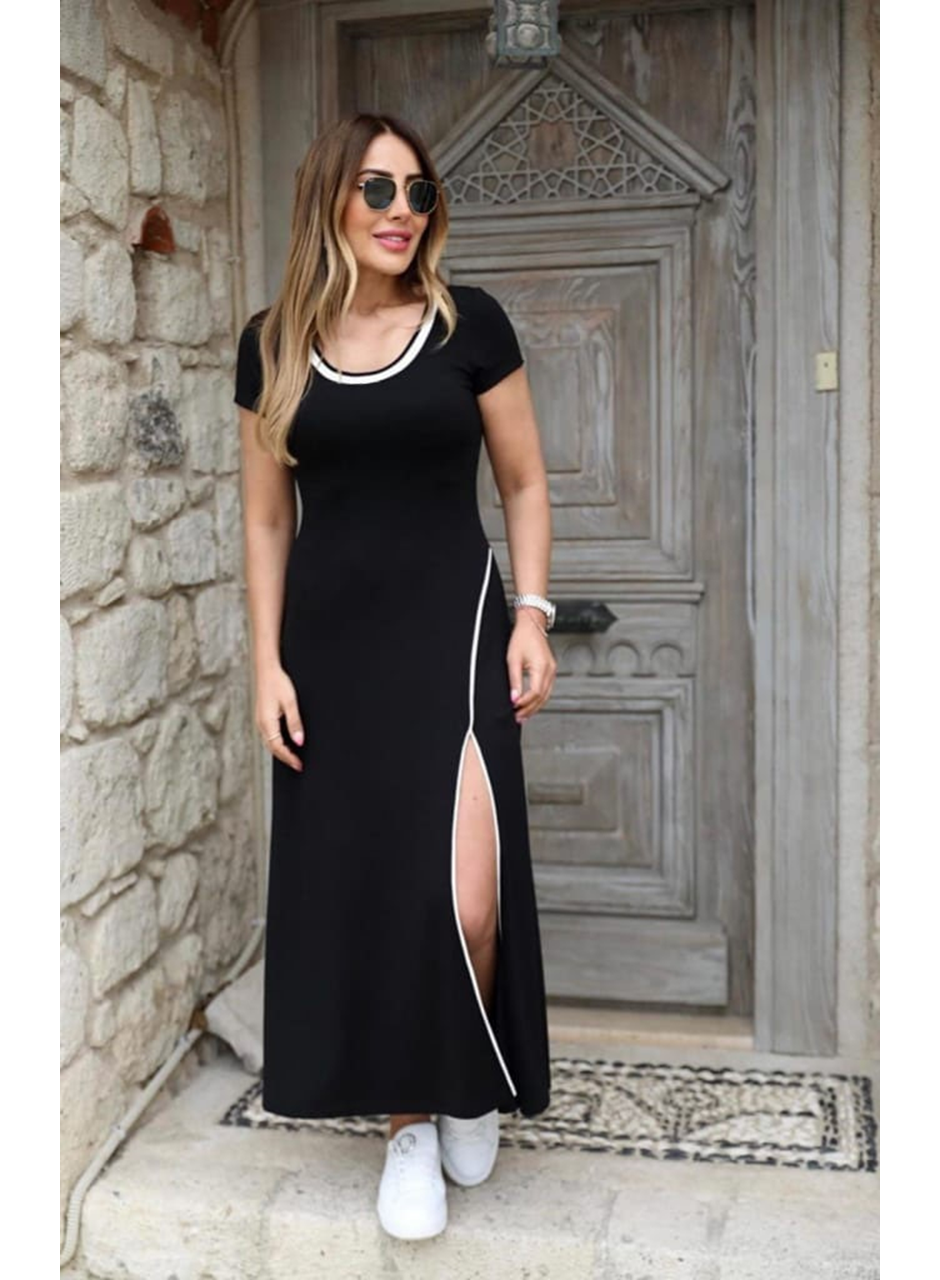 Kadın Yuvarlak Ribana Yaka Beyaz Yırtmaç Detaylı Viskon Tam Boy Elbise